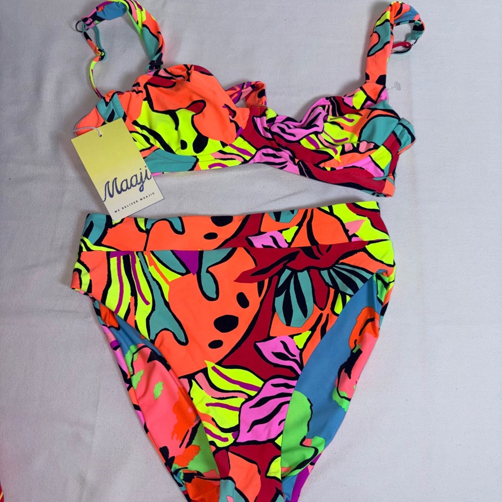 Maaji Swimwear Set Medium Neon Multicolor  Balconette High Waist Tropical Floral